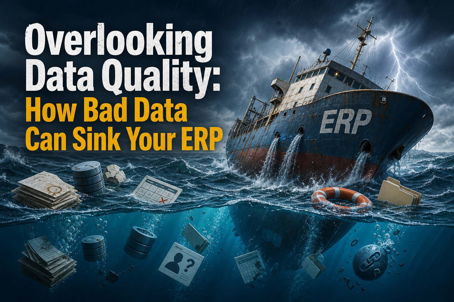 A distressed ship labeled "ERP" is partially submerged in turbulent waters, with water pouring in from the sides. Various data-related items, like folders and disks, float in the water, emphasizing the theme of data quality issues.