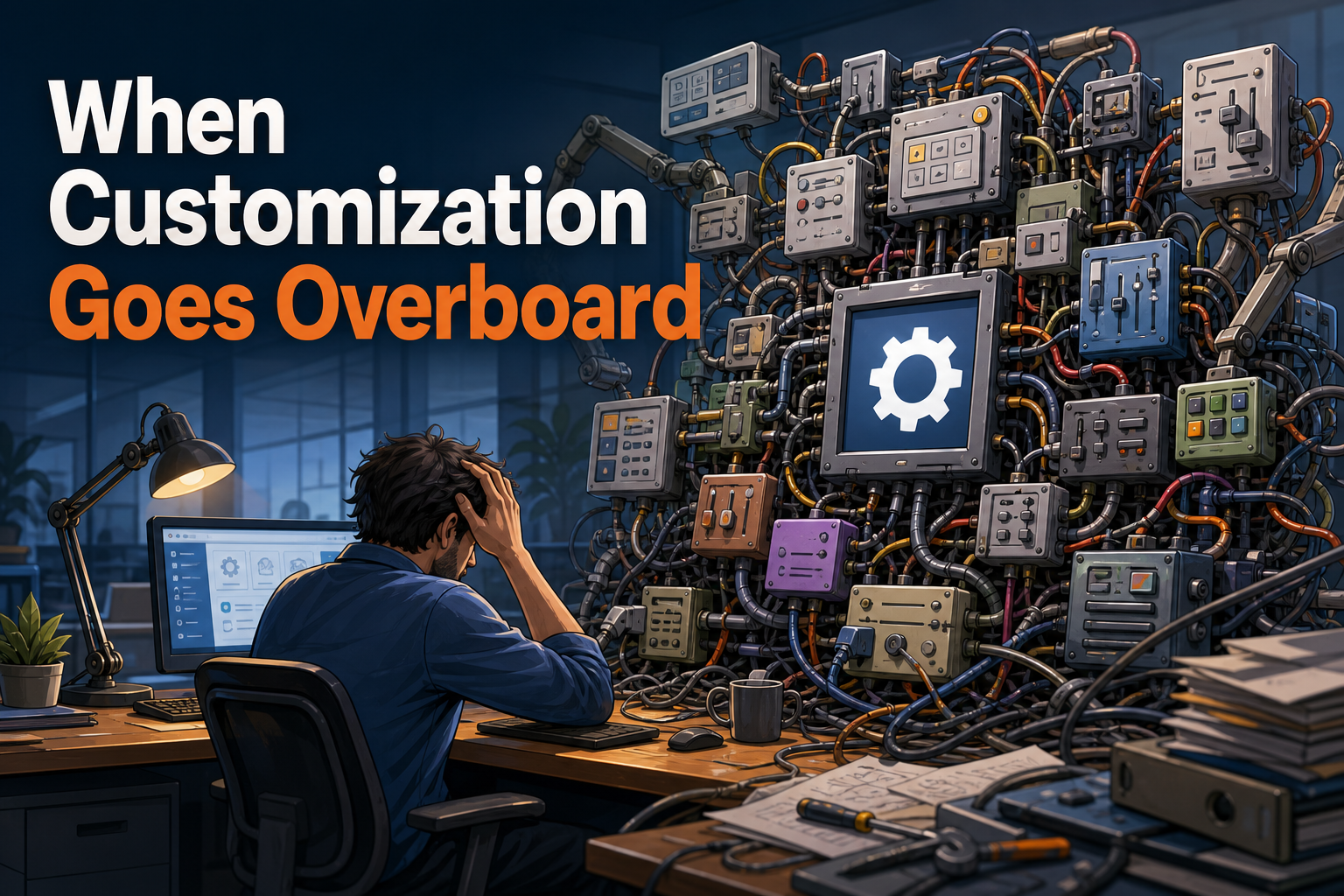 A man sits at a desk with his head in his hands, overwhelmed by a chaotic wall of wires and control panels behind him. The scene conveys frustration with excessive customization, highlighted by the title "When Customization Goes Overboard.