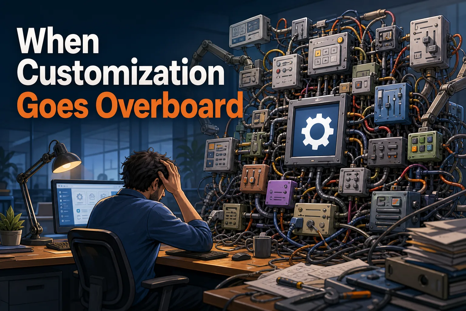 A man sits at a desk with his head in his hands, overwhelmed by a chaotic wall of wires and control panels behind him. The scene conveys frustration with excessive customization, highlighted by the title "When Customization Goes Overboard.