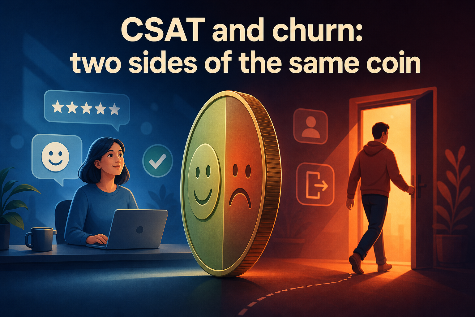 The image features a large coin split in half, one side smiling and the other frowning, symbolizing CSAT and churn. A woman sits at a desk with a laptop, while a man walks through an open door, suggesting a transition or decision.