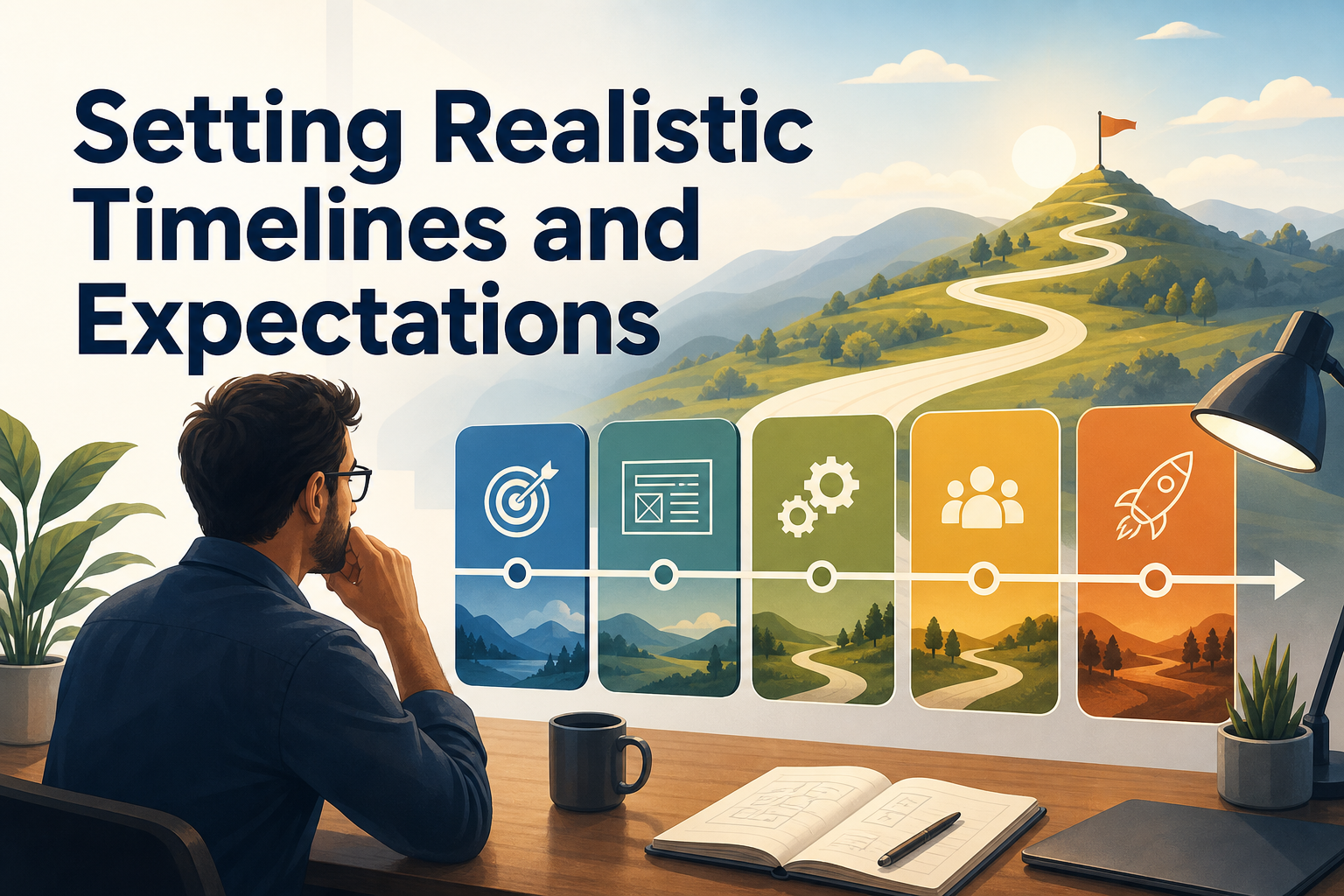 A person with glasses sits at a desk, looking at a large wall graphic that illustrates a winding road leading to a mountain with a flag. The graphic features icons representing goals, planning, teamwork, and progress along the timeline.