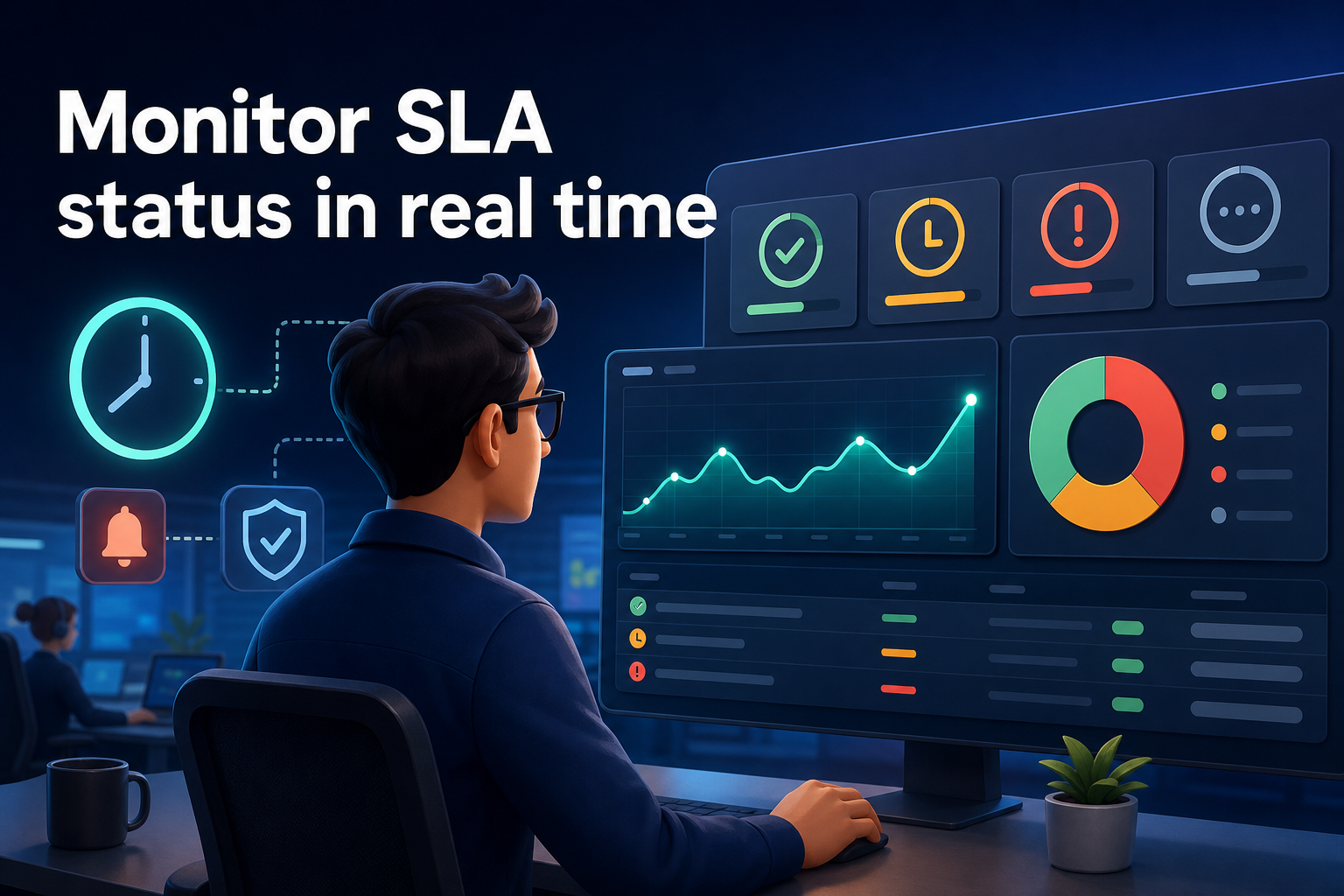 A person sits at a desk facing a large monitor displaying various SLA status indicators, including graphs and colored icons for alerts. The background features another person working at a computer, with a plant and a coffee mug on the desk.
