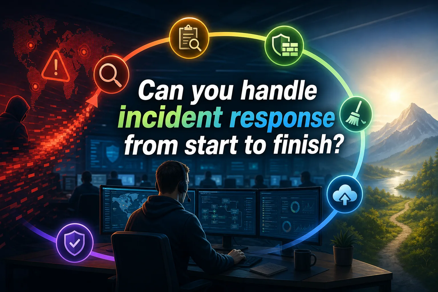 The image shows a person sitting at a desk with multiple computer screens displaying data and graphics related to cybersecurity. The text asks, "Can you handle incident response from start to finish?" with colorful icons surrounding it.