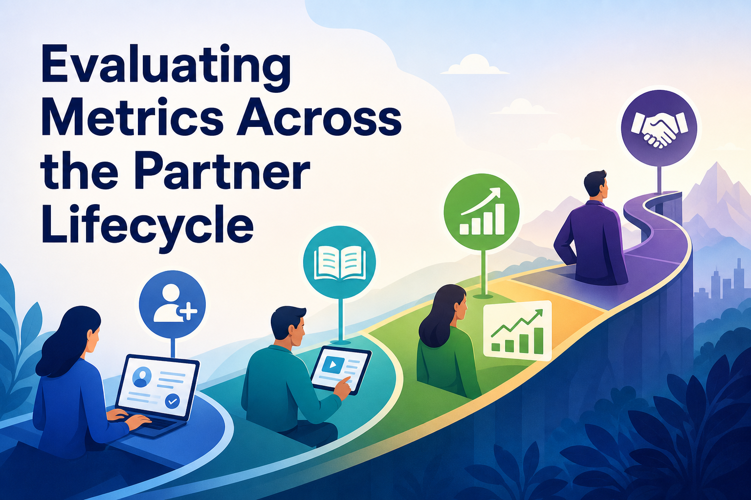 The image features a colorful pathway leading to a handshake icon, symbolizing partnership. Along the path, there are illustrations of people using laptops and tablets, with various metrics and growth icons displayed.