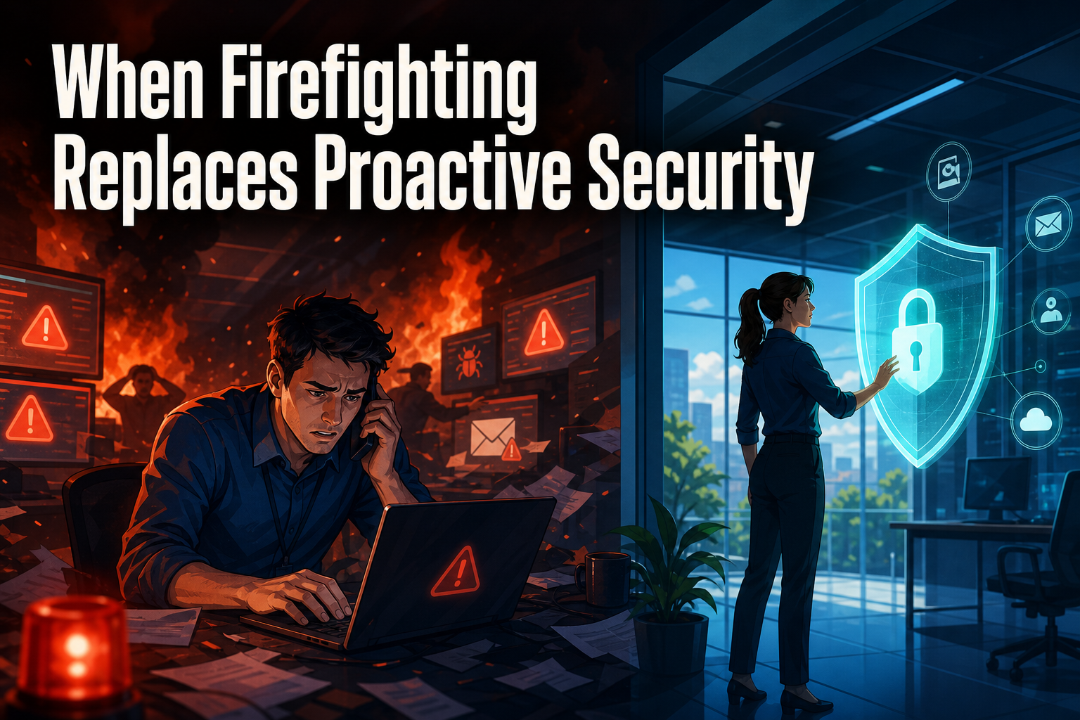The image shows a man looking stressed while working on a laptop surrounded by chaotic scenes of fire and alerts. On the right, a woman interacts with a digital security interface in a calm office environment.