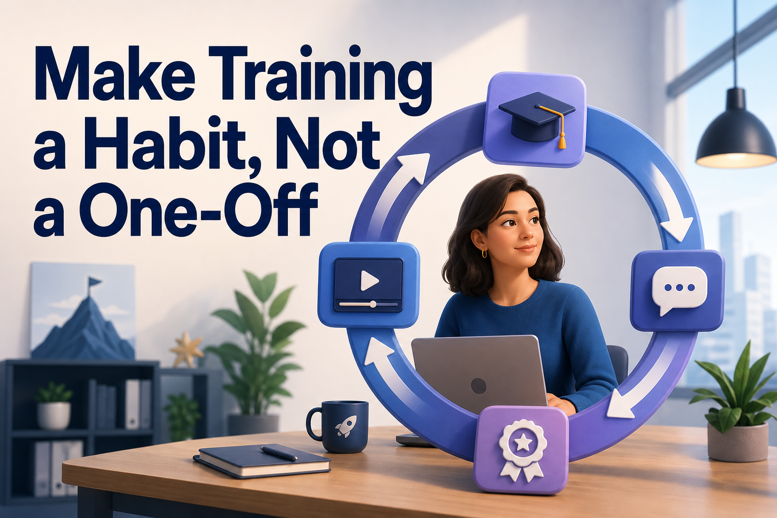 A woman with shoulder-length hair sits at a desk with a laptop, looking at a circular graphic featuring icons for education, video, chat, and achievement. The text "Make Training a Habit, Not a One-Off" is prominently displayed in the background.