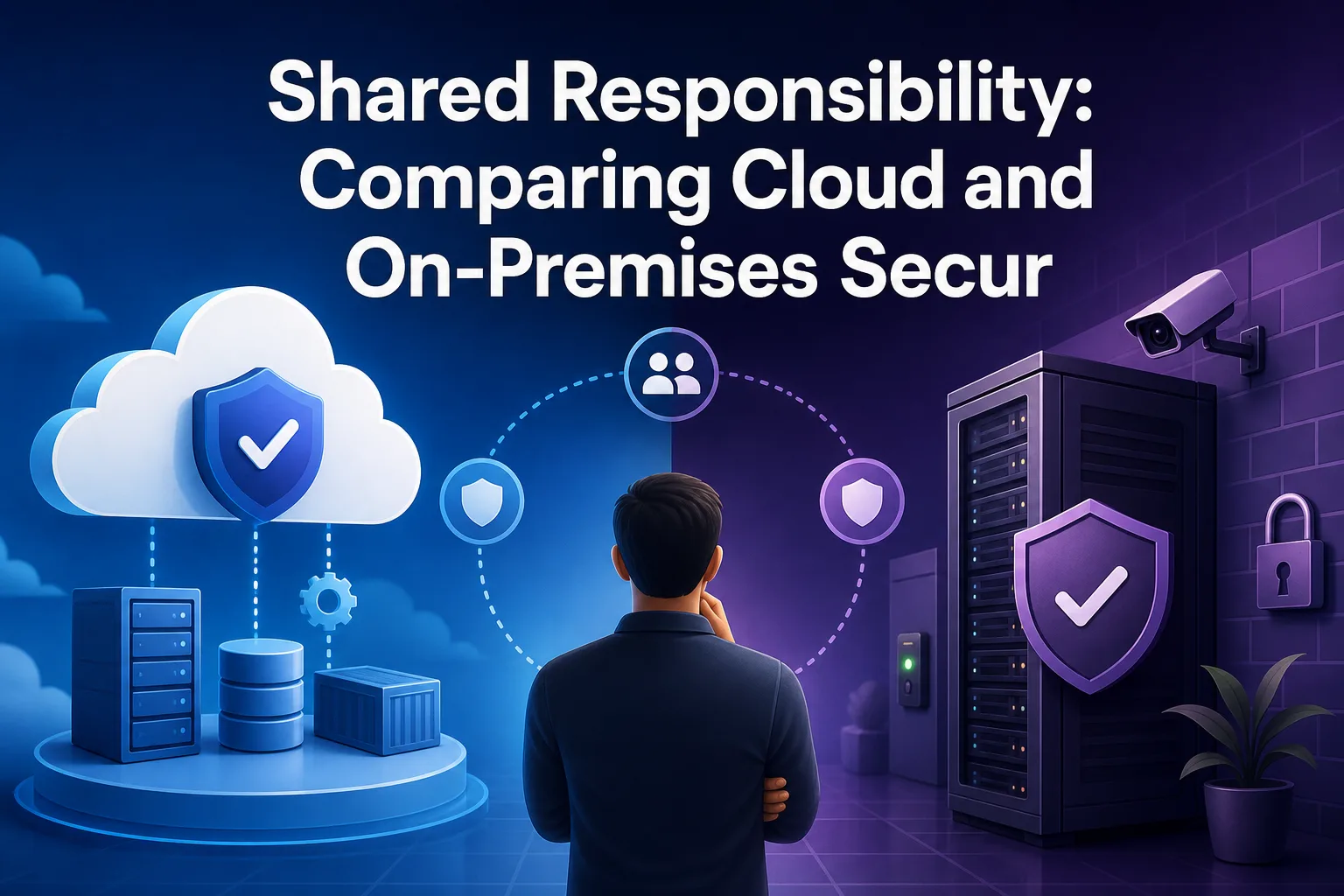 A person stands facing a split image, with a cloud symbol on the left featuring security icons and data storage, and a server room on the right with security elements.