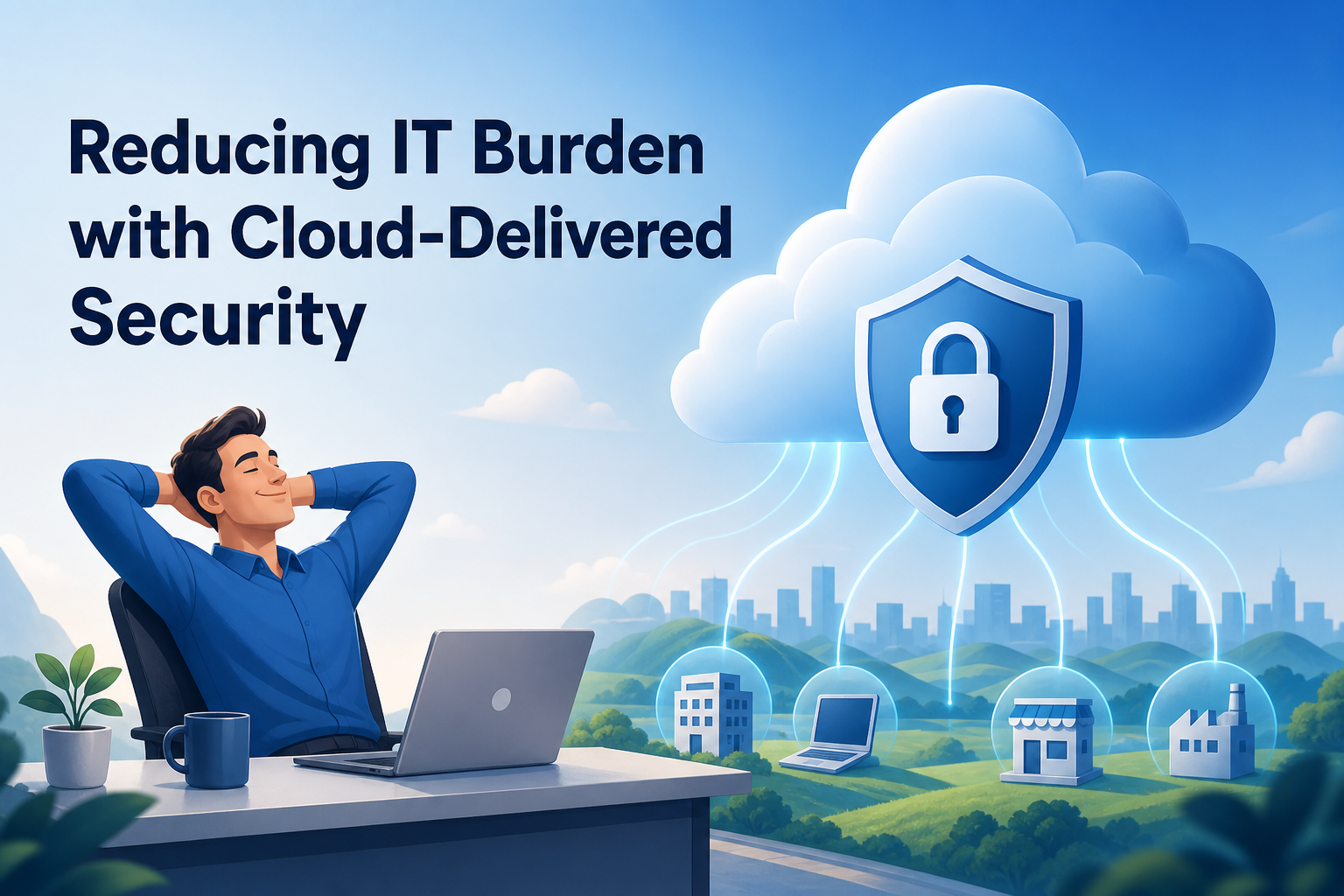 A man in a blue shirt relaxes at a desk with a laptop, coffee mug, and plant, looking content. Above him, a cloud with a padlock icon symbolizes cloud-delivered security, with icons of buildings and devices connected below.