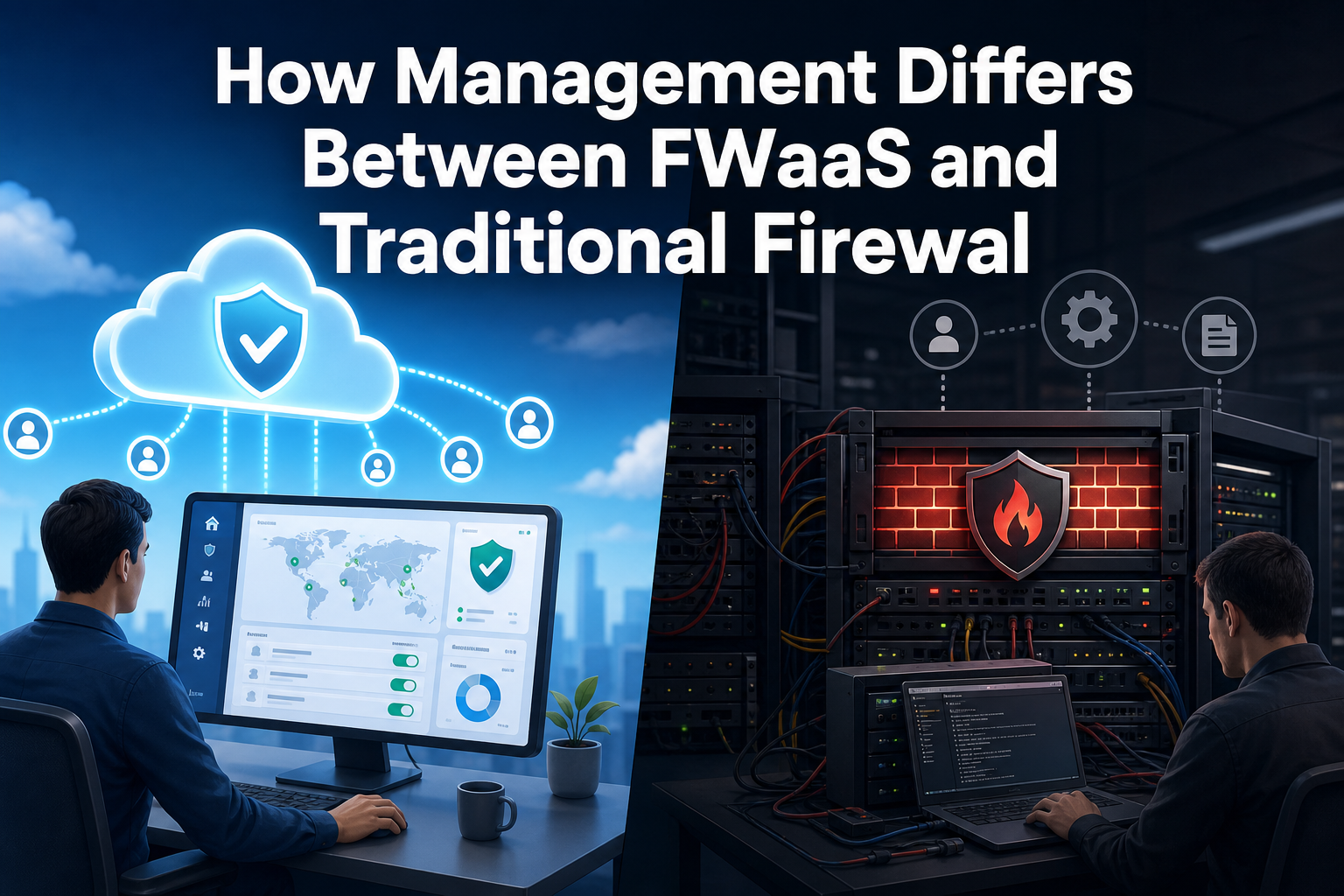 The image shows a split scene comparing two firewall management systems. On the left, a person is using a computer with a cloud interface, while on the right, another person is working on a traditional firewall setup with physical servers and cables.