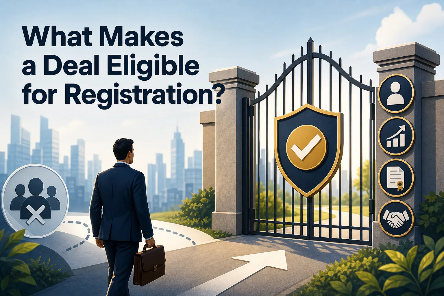 A man in a suit walks towards an open gate with a shield symbol, indicating security. Icons representing registration criteria, such as graphs and documents, are displayed on the gate's pillars, with a city skyline in the background.