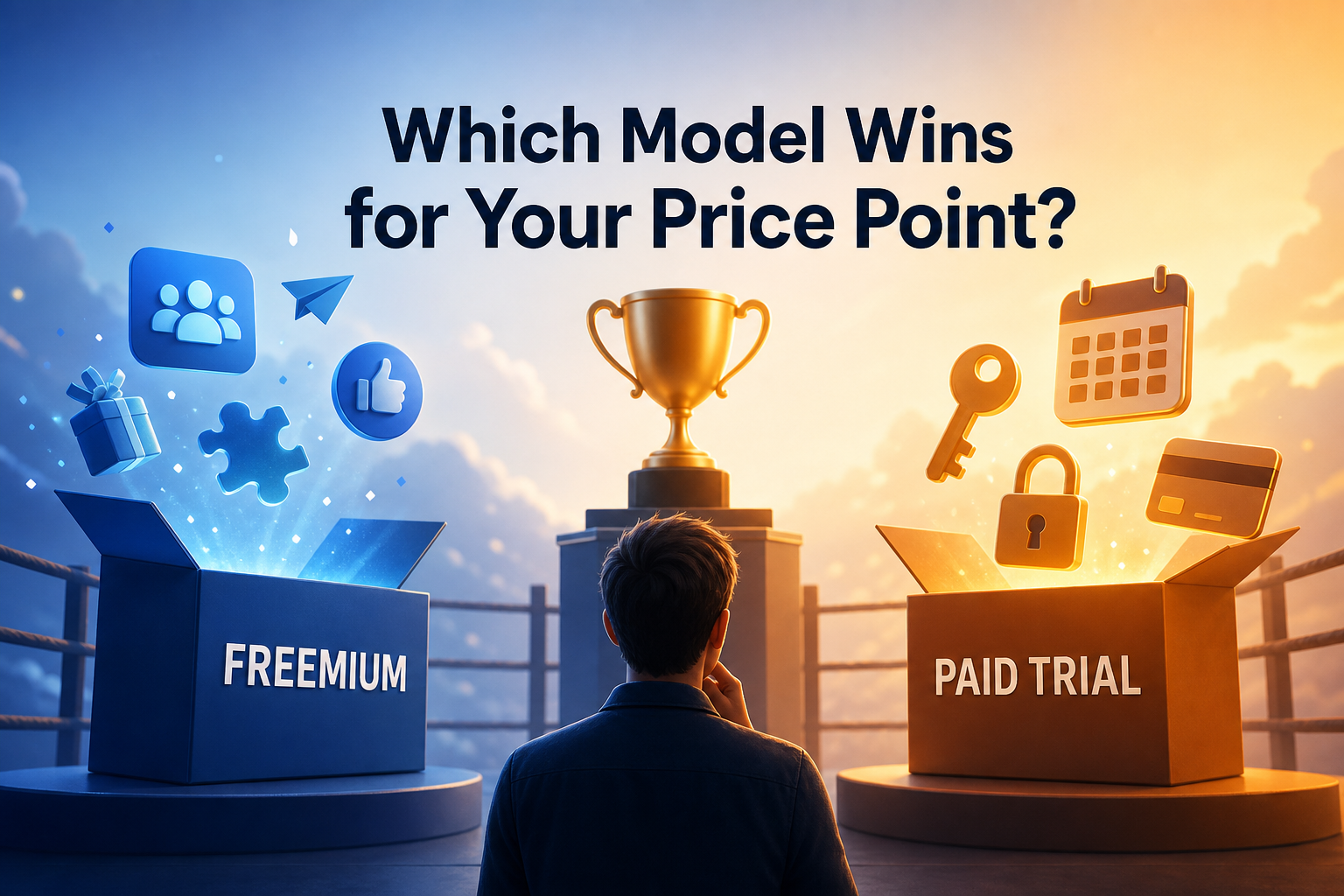 A person stands in front of two boxes labeled "FREEMIUM" and "PAID TRIAL," with various icons representing features emerging from each. A trophy is positioned between the boxes, and the text "Which Model Wins for Your Price Point?
