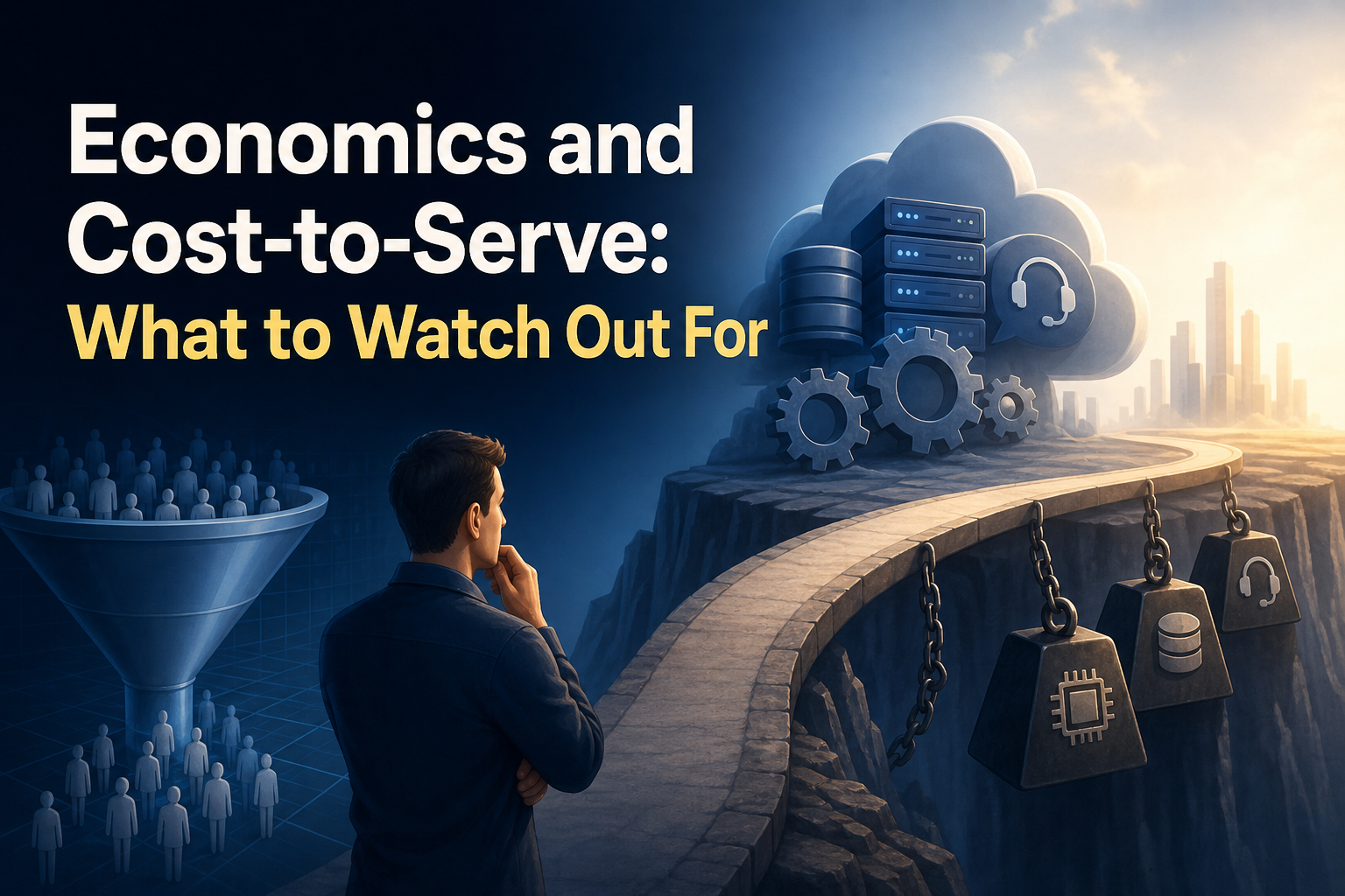 A man stands on a winding path overlooking a digital landscape with a funnel and silhouettes of people. Above him, there are cloud icons with servers and gears, while weights hang from chains, symbolizing economic concepts.