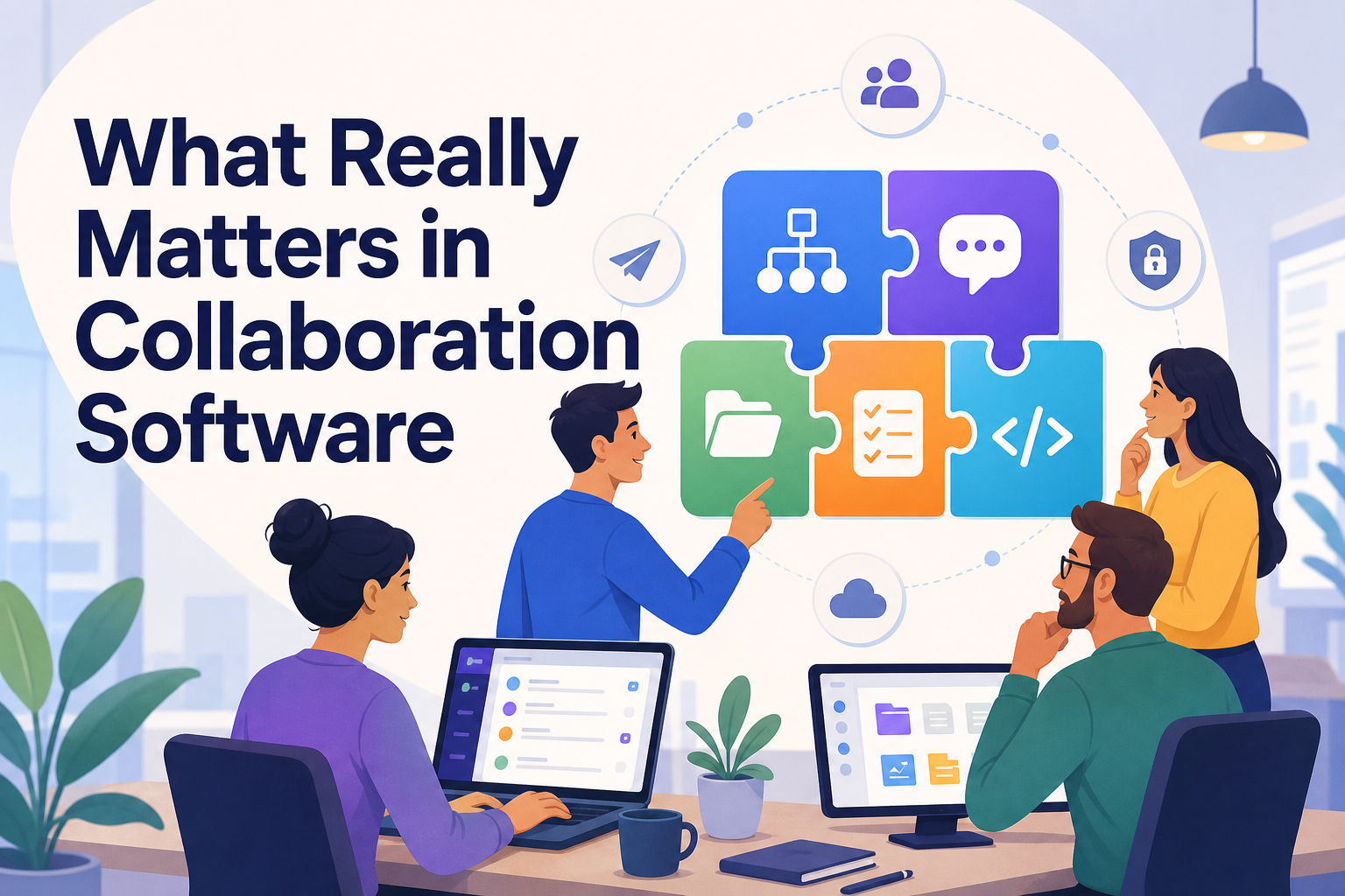 A group of four diverse individuals collaborates around a table with laptops, discussing various aspects of collaboration software. Behind them, colorful puzzle pieces represent different features like communication, organization, and security.