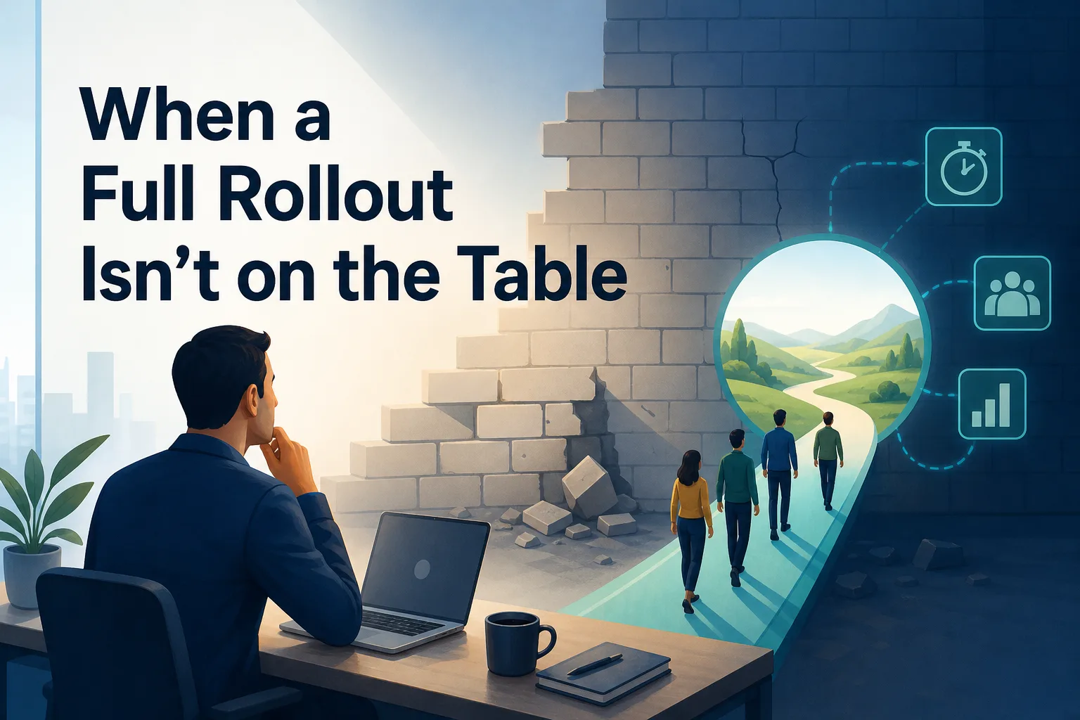 A man sits at a desk with a laptop, looking thoughtfully at a wall with a large crack. In the background, a group of three people walks through an archway leading to a scenic landscape, with icons representing time, teamwork, and data on the sides.