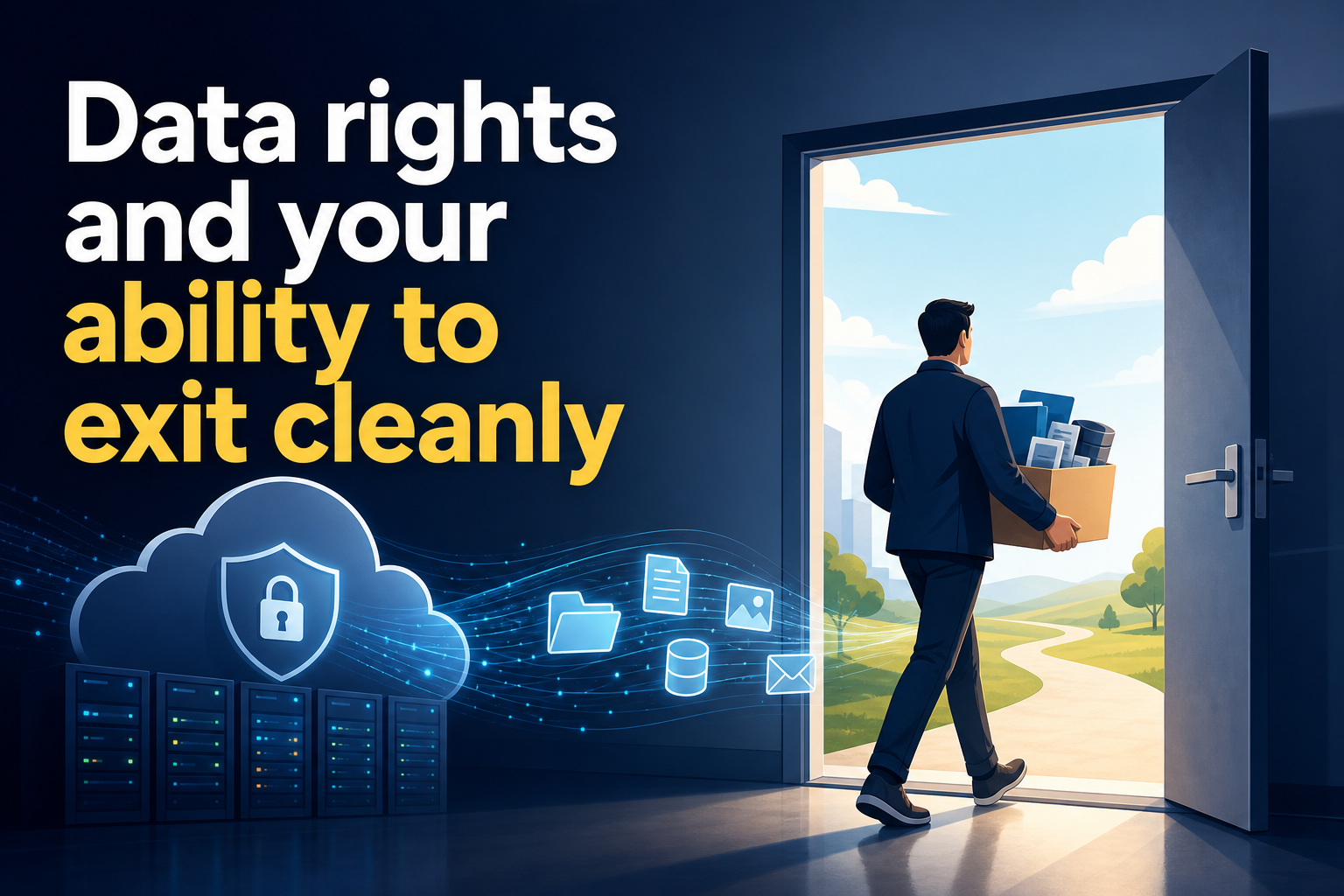 A man in a suit is walking through an open door, carrying a box filled with various items. The background shows a sunny landscape with a winding path and a blue sky, while digital icons representing data appear in the air.
