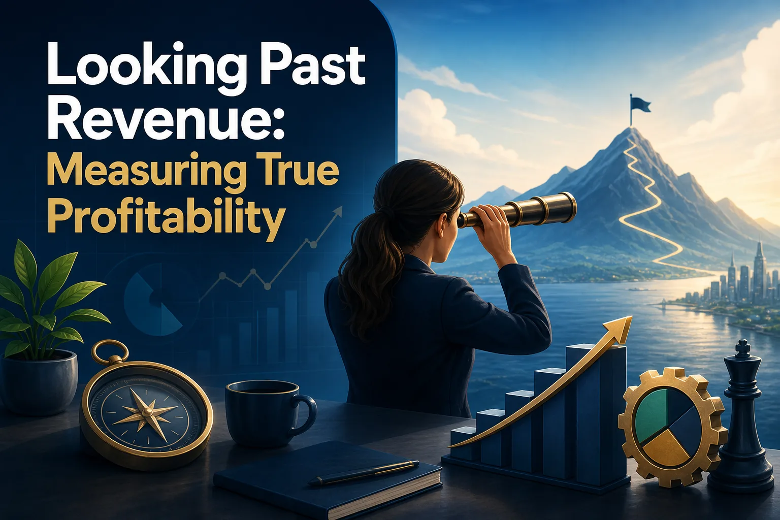 A woman in a suit uses a telescope to look at a mountain with a flag at the peak, symbolizing goals. In the foreground, there are graphs, a compass, a coffee cup, and a gear, representing business analysis and strategy.
