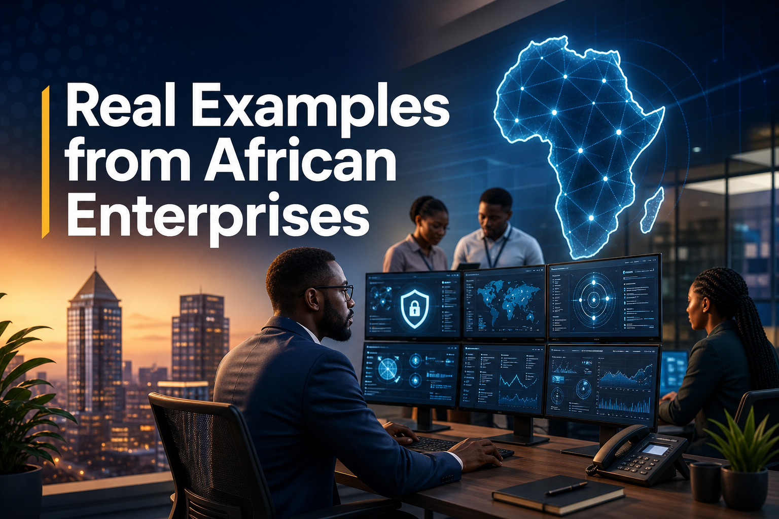 A man with glasses sits at a desk with multiple computer monitors displaying data and graphs. In the background, three colleagues discuss, with a digital map of Africa illuminated behind them.