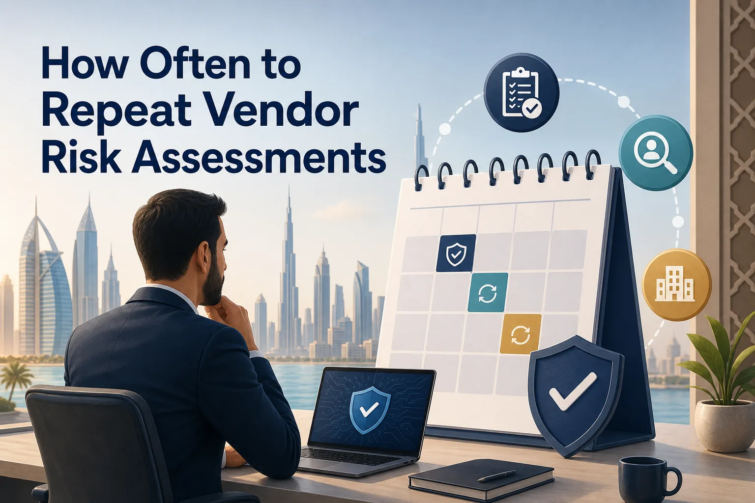 A man in a suit sits at a desk facing a city skyline, looking at a calendar with icons representing assessments and vendors. The title "How Often to Repeat Vendor Risk Assessments" is displayed prominently beside him.