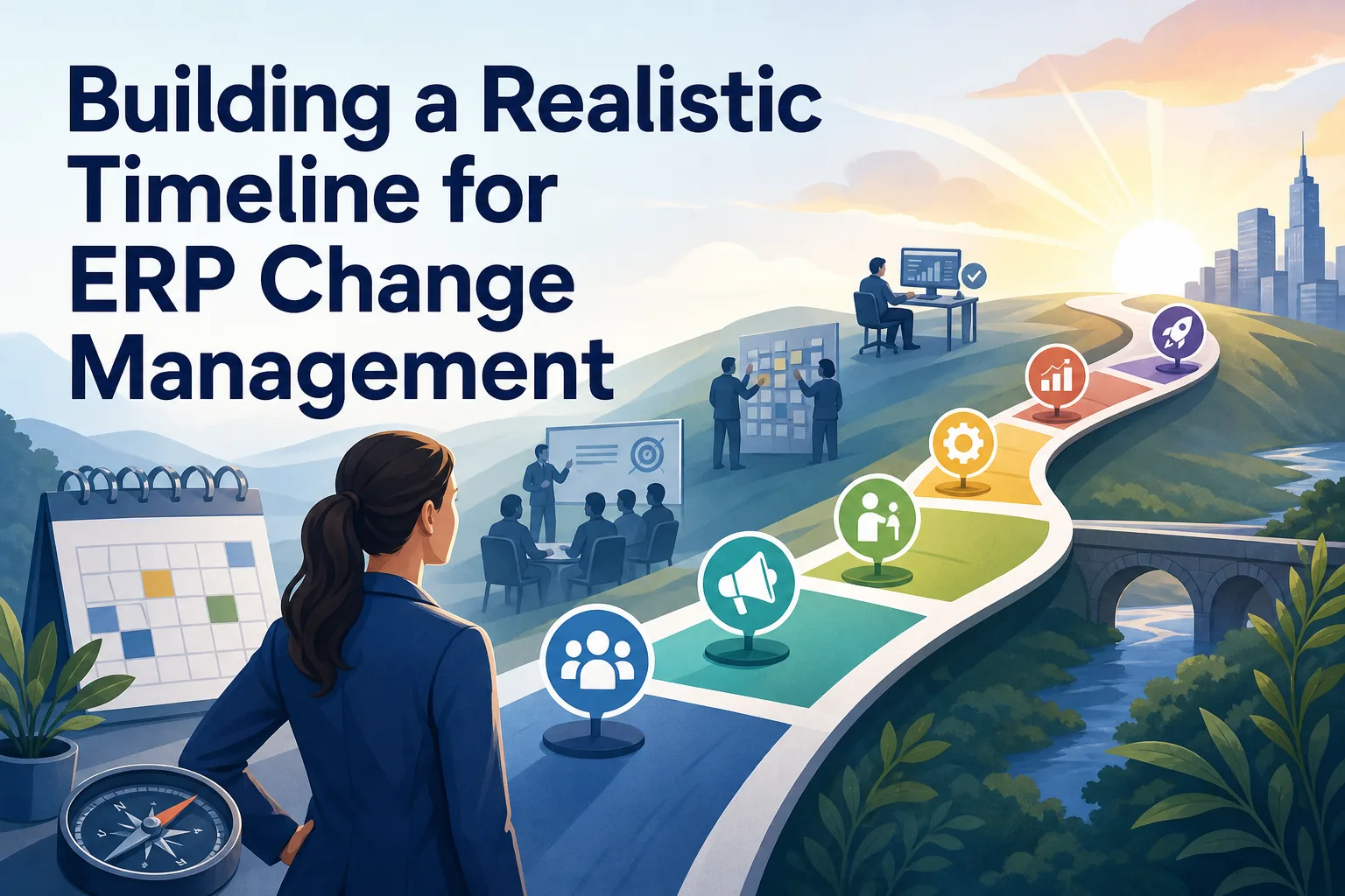 A woman in a business suit stands looking at a winding path with icons representing various aspects of ERP change management, leading toward a sunrise and a city skyline. In the background, people are engaged in discussions and presentations.
