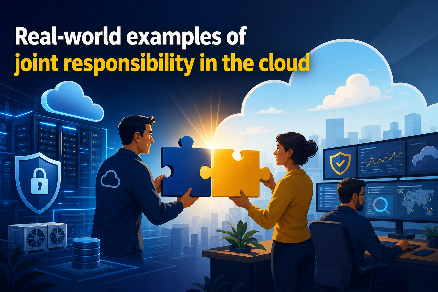 A man and a woman are holding large puzzle pieces, one blue and one yellow, symbolizing collaboration. In the background, there are servers, a security shield, and multiple computer screens displaying data and graphs.