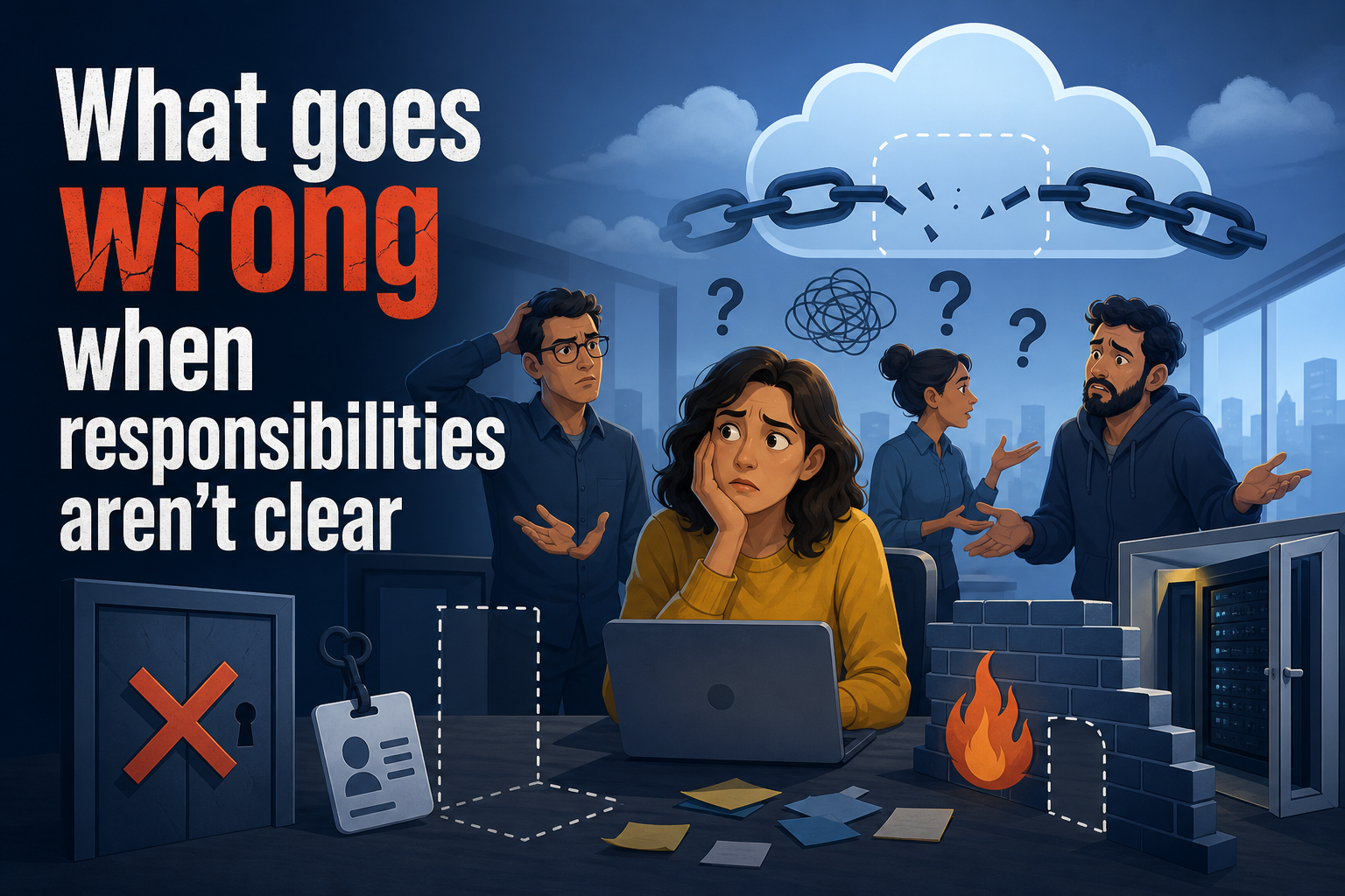 A woman sits at a desk with a laptop, looking worried. Three people around her appear to be discussing and gesturing, while various symbols of confusion, like question marks and a cloud, are illustrated in the background.