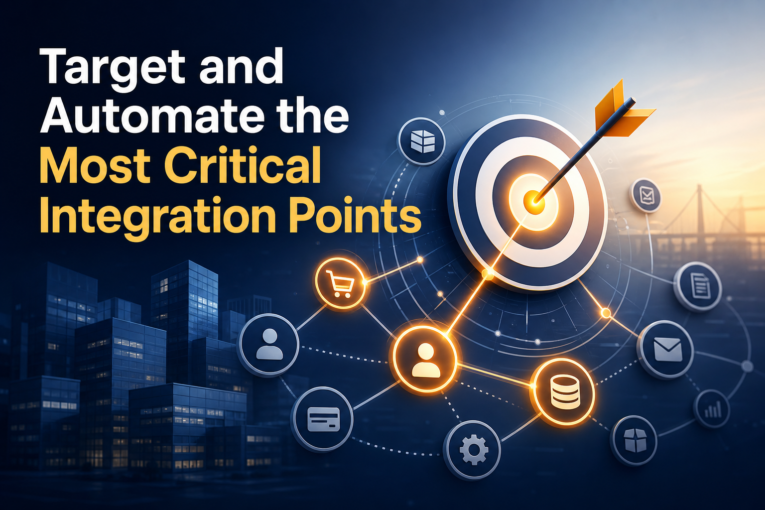The image features a large target with an arrow hitting the center, surrounded by various icons representing integration points like shopping carts, users, and databases.