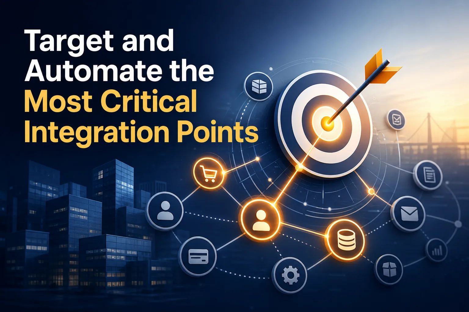 The image features a large target with an arrow hitting the center, surrounded by various icons representing integration points like shopping carts, users, and databases.