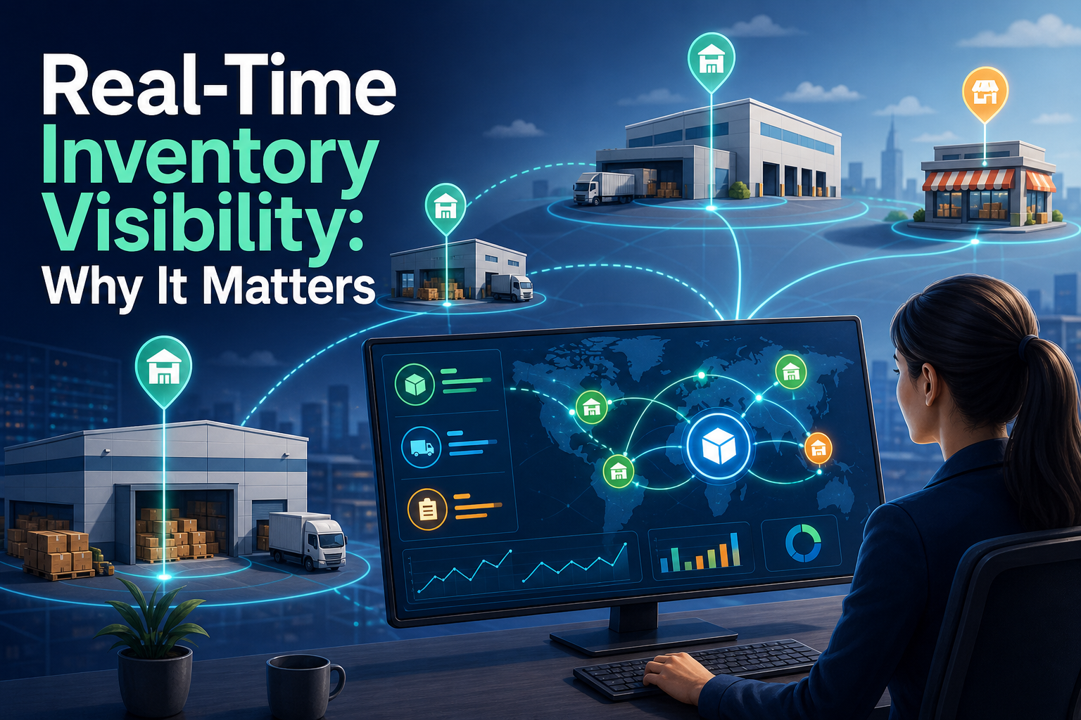 A woman sits at a desk, facing a computer screen displaying a network of warehouses and delivery trucks, with icons representing inventory data.