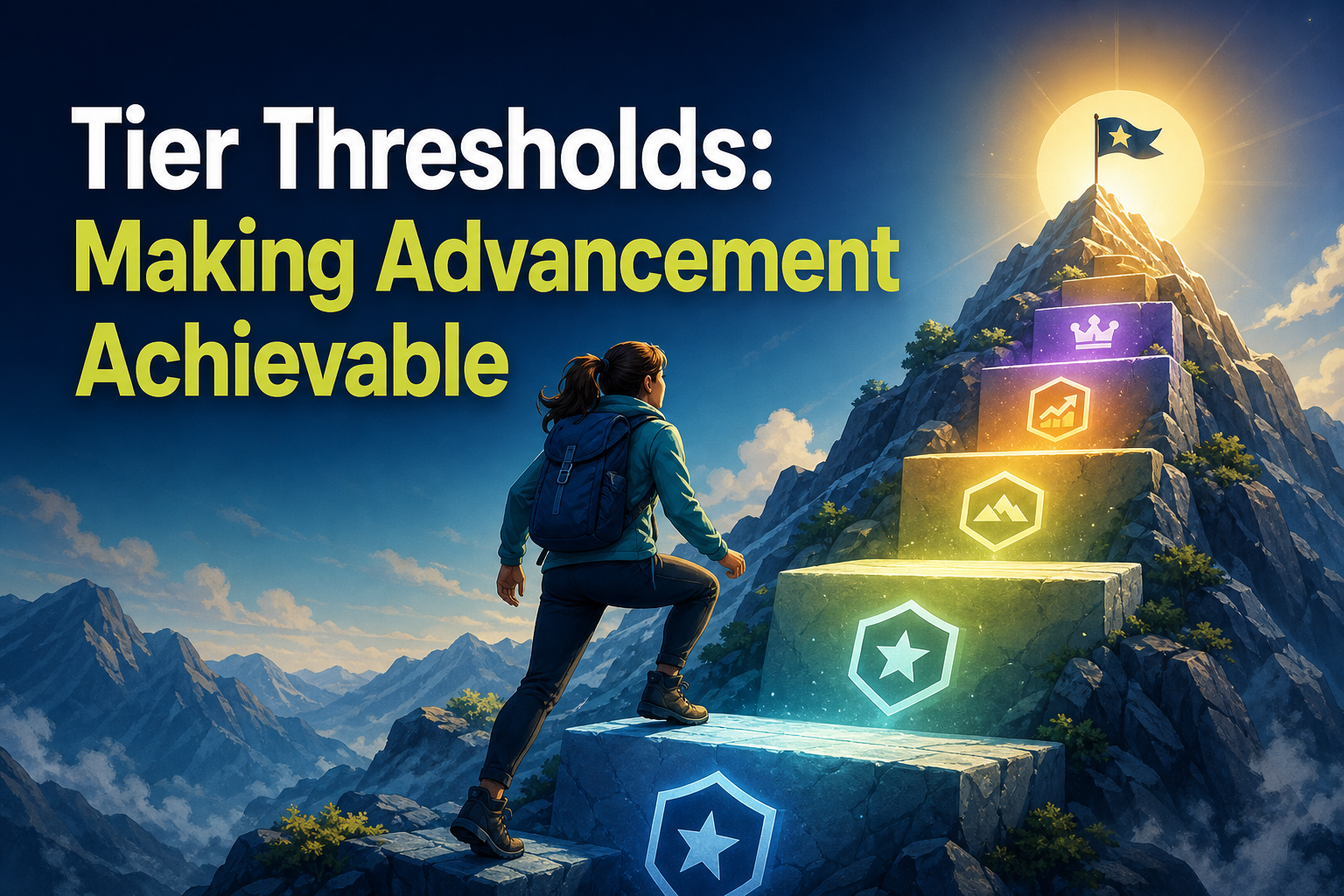 A person is climbing a set of colorful, illuminated steps on a mountain, leading to a flag at the top. The text "Tier Thresholds: Making Advancement Achievable" is prominently displayed in yellow.