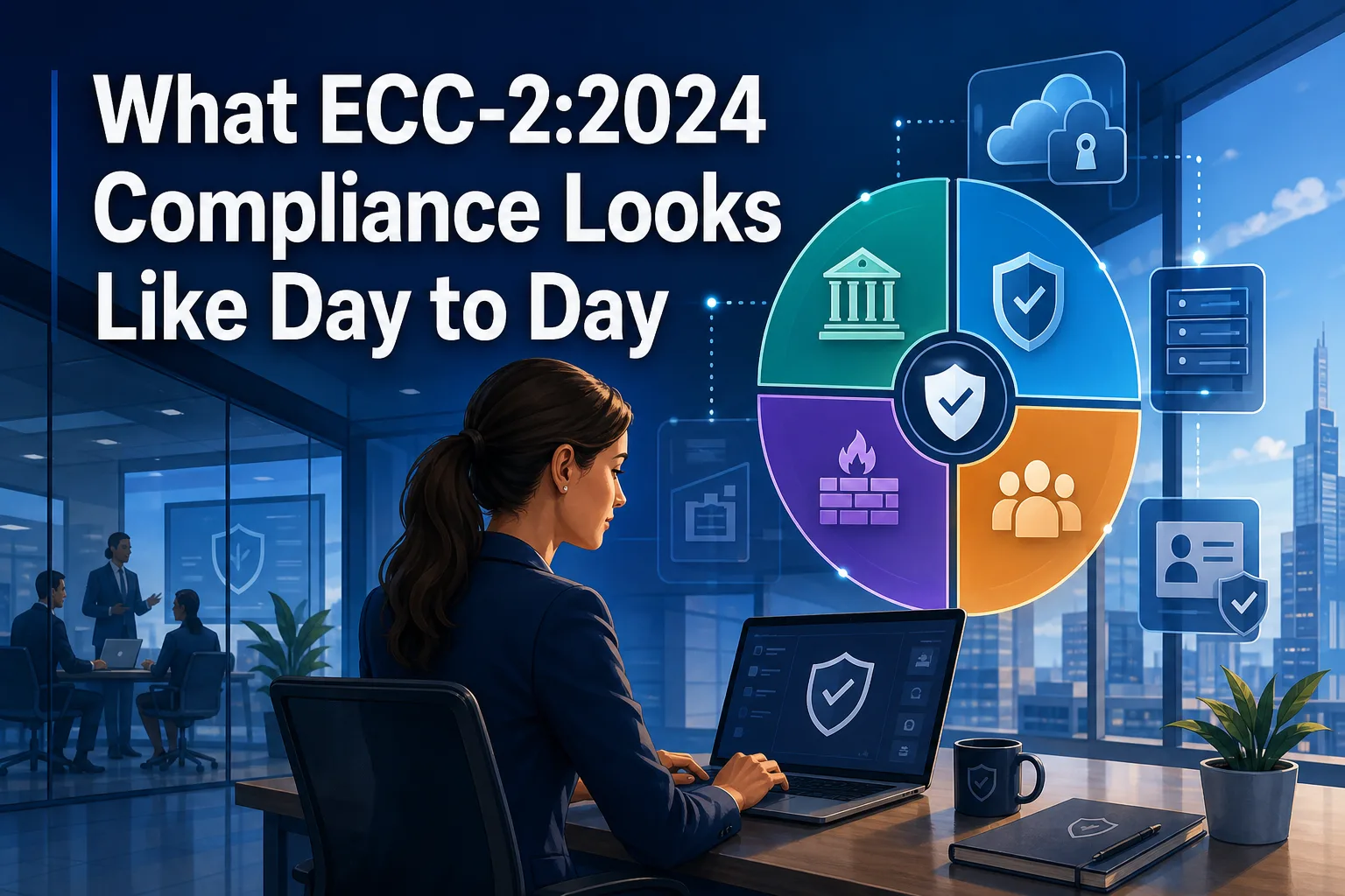 A woman in a suit sits at a desk with a laptop, focused on the screen. Behind her is a colorful pie chart displaying various compliance icons, and a city skyline is visible through the window.