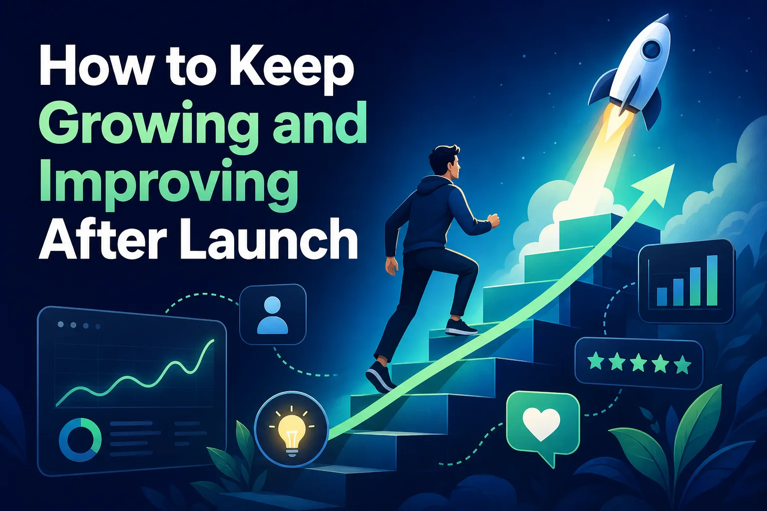 An illustration features a person walking up steps, symbolizing growth, with a rocket launching above. Surrounding elements include graphs, a light bulb, and chat icons, emphasizing improvement and progress after a launch.