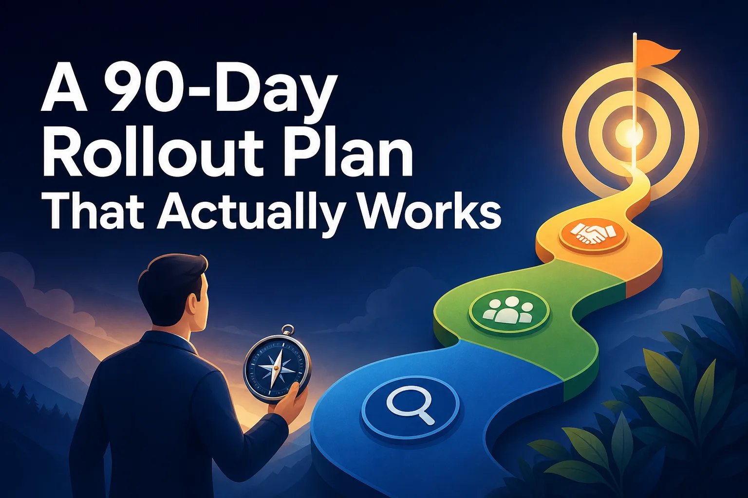 A man holds a compass while looking at a winding path leading to a target with a flag. The path features icons representing teamwork, research, and partnership, with the title "A 90-Day Rollout Plan That Actually Works" prominently displayed.